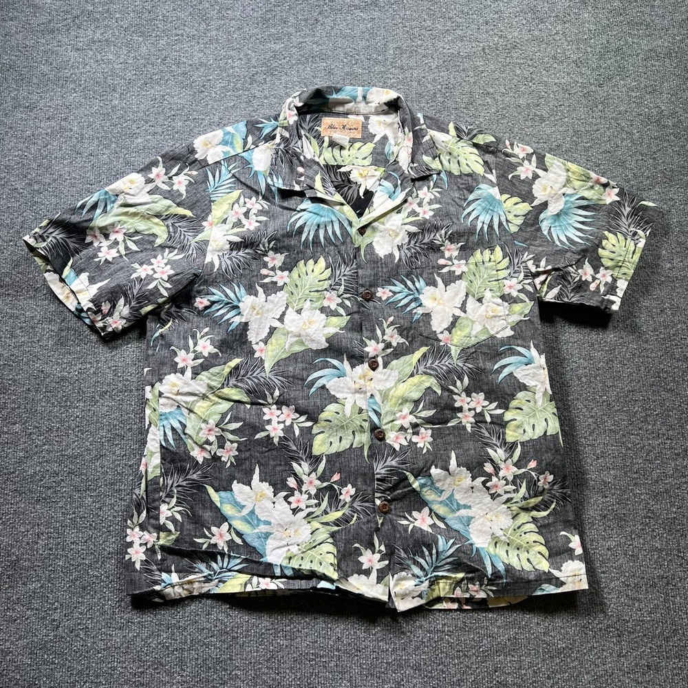 Blue Hawaii Hawaiian Shirt Mens Large Black Floral Button Front Tropical Aloha